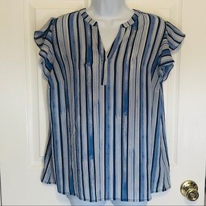 Elle Blue and White Ruffle Sleeve Top Size L